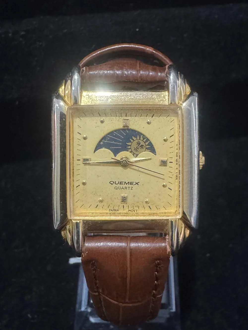Quemex Square Gold-Tone Sun & Moon Dial Leather Strap Watch